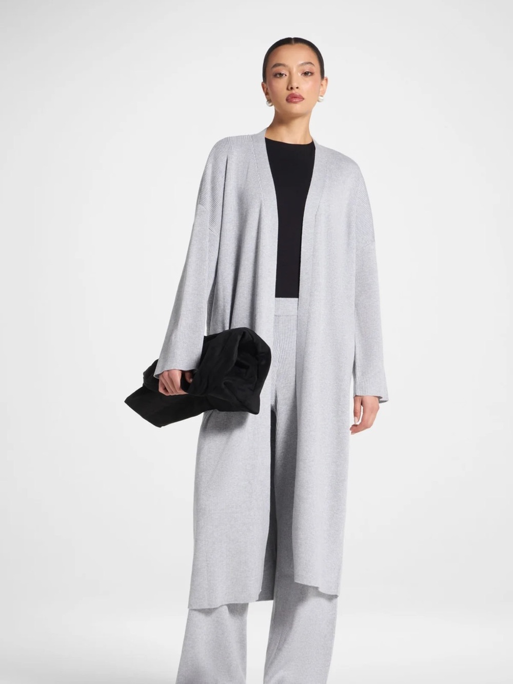 Black Long Knit Maxi Cardigan with Belt